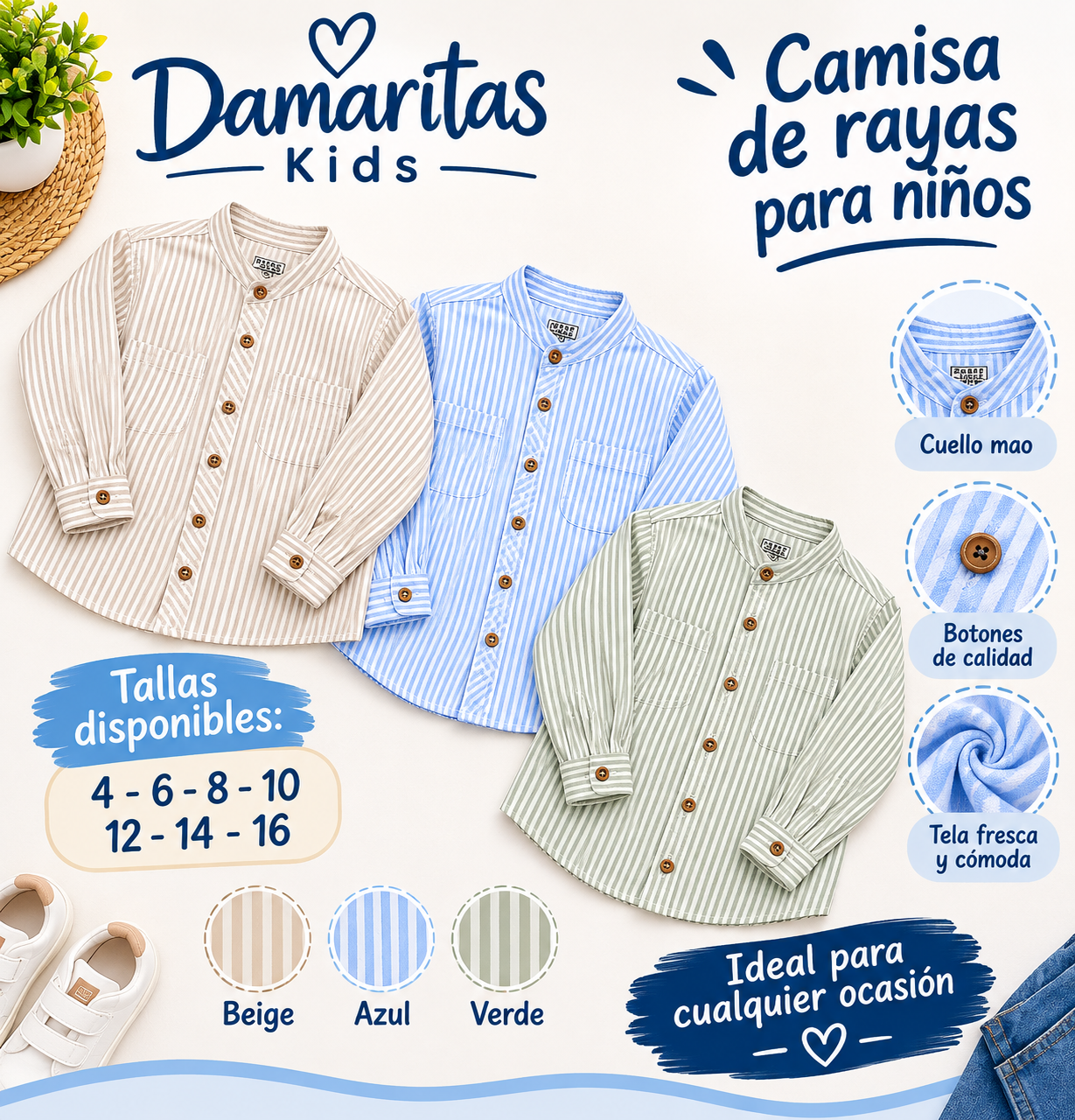 Camisa de Rayas para Niño con Cuello Mao – Modelo Classic Style