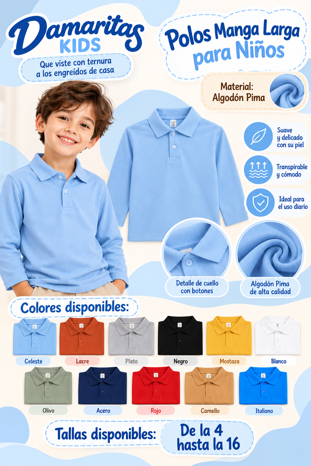 Polo Camisero Manga Larga para Niño en Algodón Pima