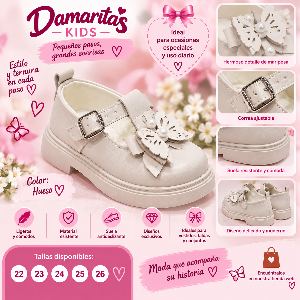 Zapatos Infantiles para Niña con Mariposa y Perlitas – Hueso