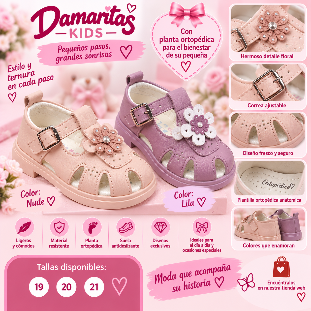 Sandalias Ortopédicas para Niña con Flores – Nude y Lila
