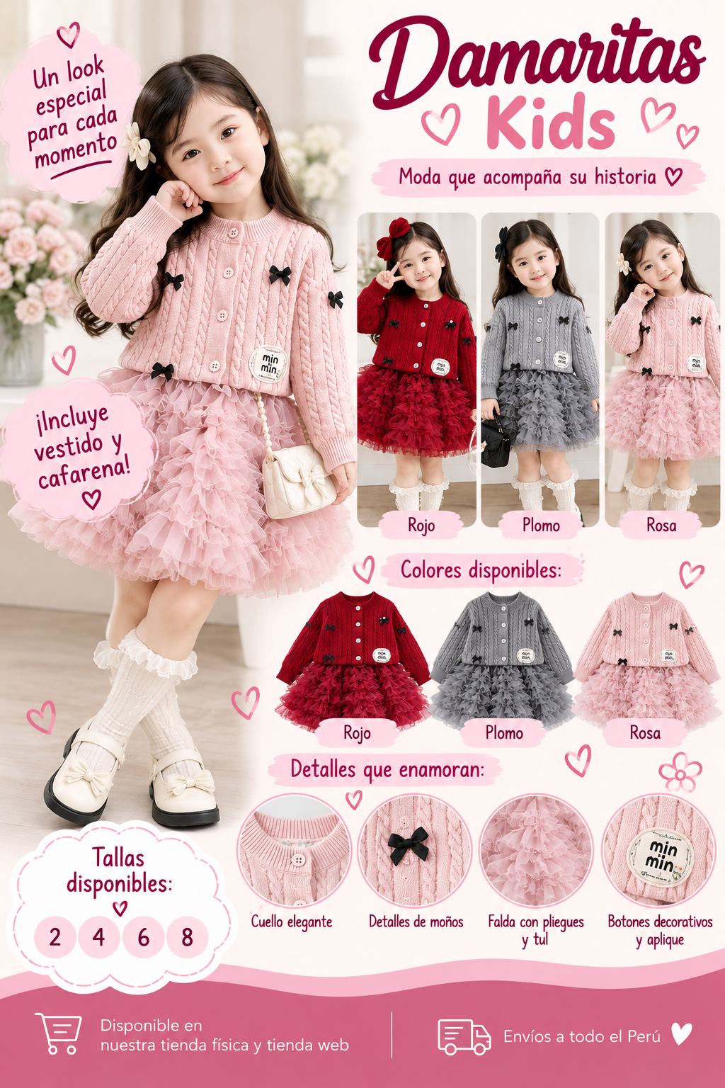 Conjunto Coreano para Niña con Cardigan Tejido y Falda de Tul – Modelo Dulce Princesa