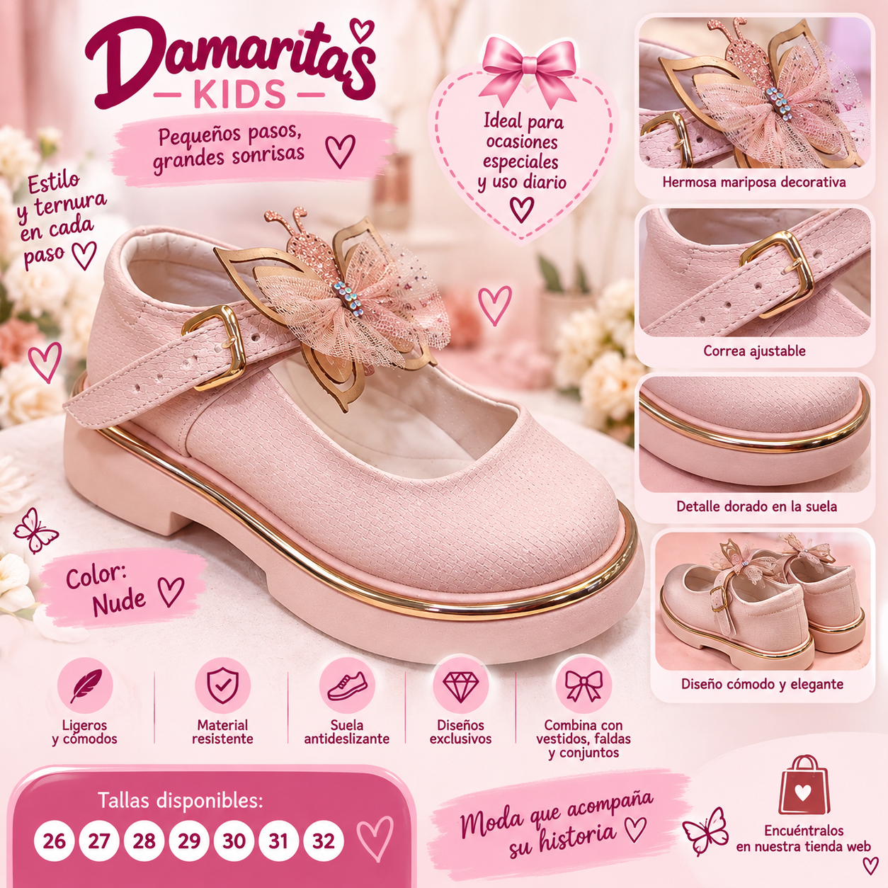 Zapatos Elegantes para Niña con Mariposa – Nude