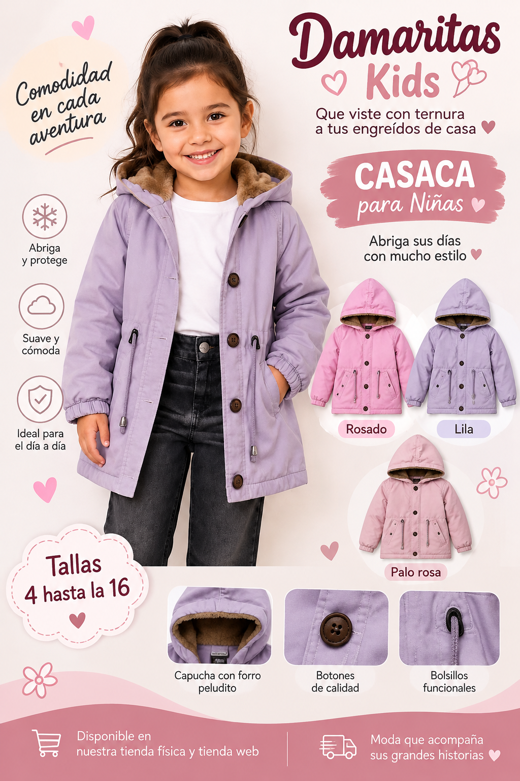 Casaca de Dril para Niña con Capucha y Forro Peludito