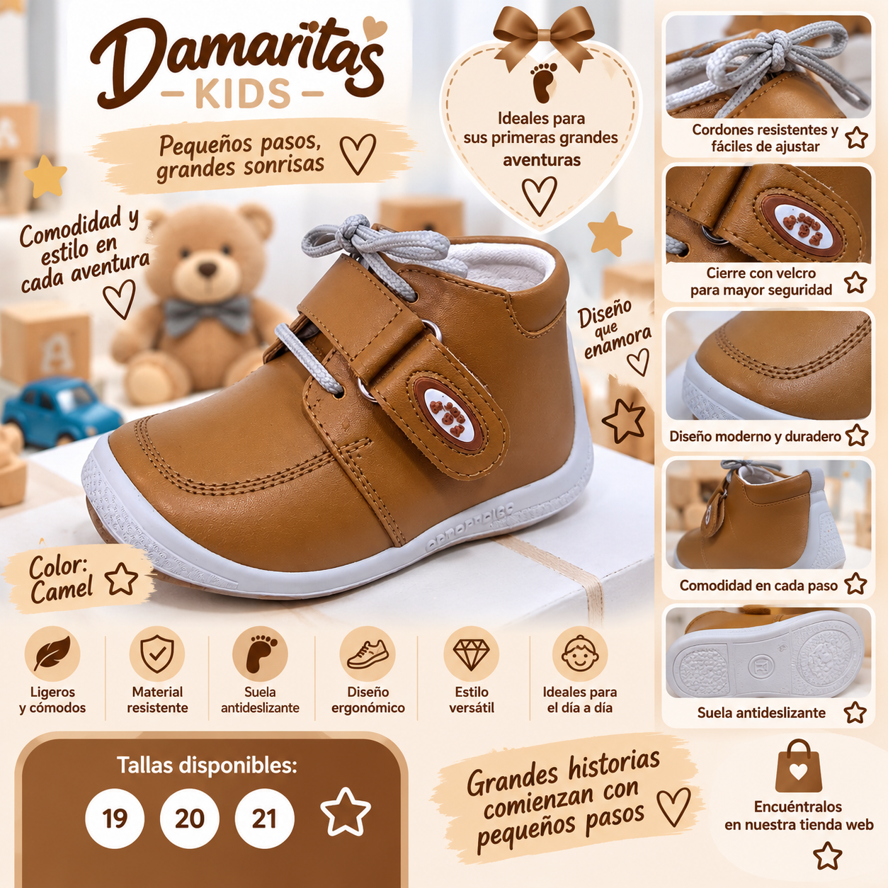Botines Infantiles para Niño con Cordones y Velcro – Camel