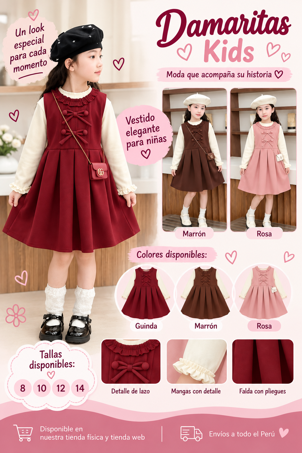 Vestido Elegante para Niña con Lazos y Falda Plisada – Modelo Dulce Encanto