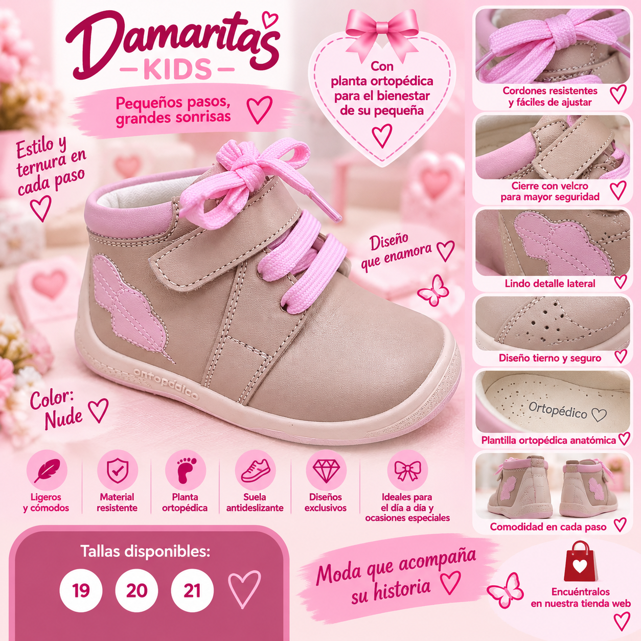 Botines Ortopédicos para Niña con Corazón – Nude y Rosa
