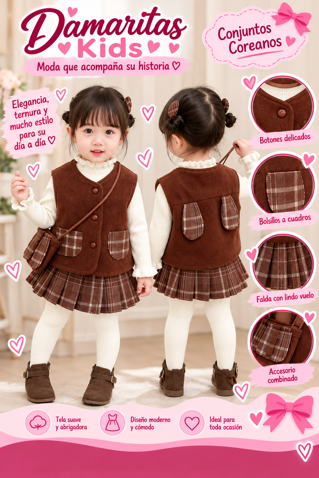 Conjunto Coreano para Niña con Chaleco y Falda a Cuadros – Modelo Dulce Otoño